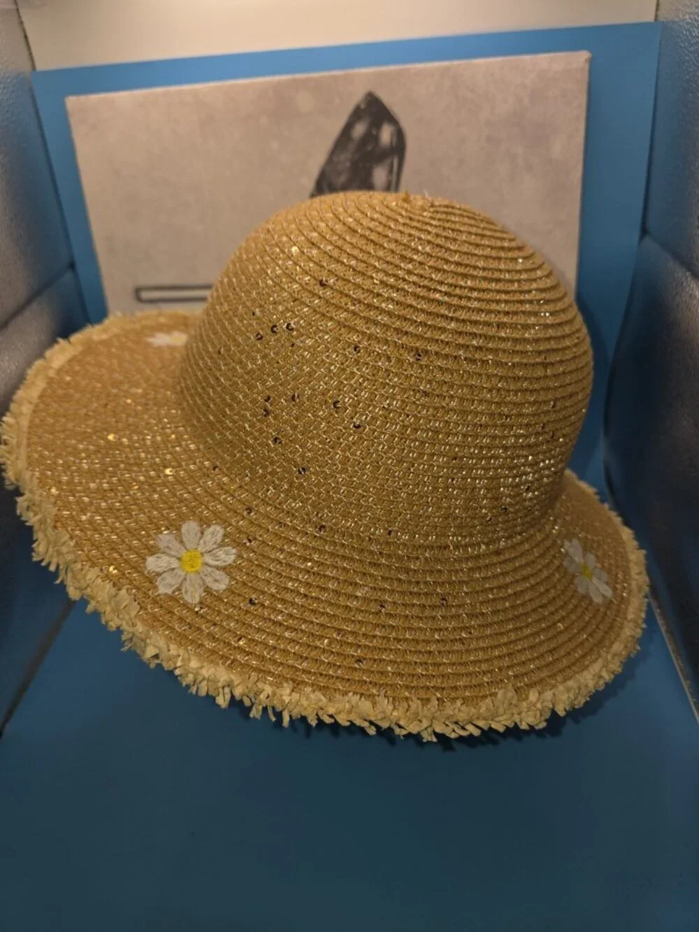 Pier 27 Wide Brim Straw Sun Hat Daisy Sequin Floral Fringe Beach Boho OS